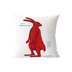 Close-up detail of the funny red rabbit art throw pillow cover, modern minimalist style.