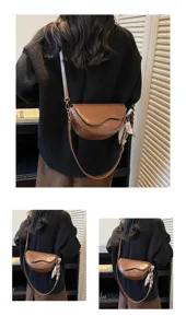 Women brown leather cross-body saddle bag casual underarm shoulder bag with chic scarf detail