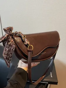 Minimalist PU Leather Saddle Bag For Women Fashion Crossbody Bag Small Shoulder Bag With Chain Scarf Decoration Casual Daily