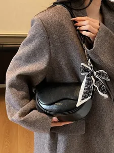 Chic women black leather saddle bag stylish crossbody shoulder bag elegant underarm handbag