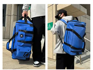 Detailed view of royal blue multi-pocket travel duffel bag with backpack straps and buckles.