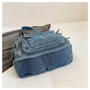 Denim shoulder bag detail view, casual multi-pocket crossbody bag for women daily commute.