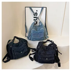 Denim backpack detail view showing casual multi-pocket design and stylish shoulder bag options.