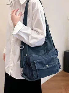 Women denim backpack casual shoulder bag multi-function commute crossbody daily bag