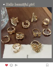 Fashion Vintage Gold Open Ring Set Niche Design Bow Alloy Jewelry for Women Daily Wear