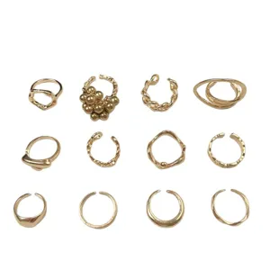 Gold alloy open rings set, multi-style geometric and beaded minimalist fashion finger jewelry.