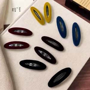 French vintage velvet oval snap hair clips for women, elegant side bangs barrettes set.