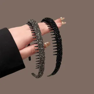 Black sparkling rhinestone tooth hair hoops set, anti-slip washing face headbands for women.