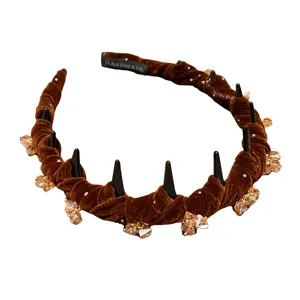 Brown velvet headband with black spikes and rhinestones, stylish crystal hair accessories for women.