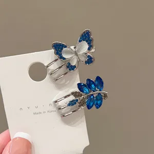 Sweet blue butterfly and leaf hair clips, elegant side fringe clips, retro sparkling hair accessories for women.