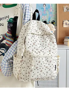 Cute corduroy backpack with sweet bow and heart pattern, large capacity aesthetic school bag for students