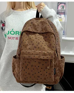 Korean style printed corduroy backpack large capacity casual school bag for daily use