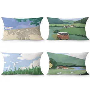 Housse de Coussin Décorative en Velours Nouveau Style Chinois Housse de Oreiller Rectangulaire en Peluche Douce avec Impression de Paysage Naturel pour Décoration de Maison de Canapé