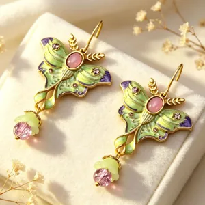 Exquisite vintage enamel moth dangle earrings detail close-up showcasing pink gemstone accent.