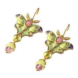 Vintage enamel butterfly earrings with pink crystal drop retro fashion animal ear studs jewelry