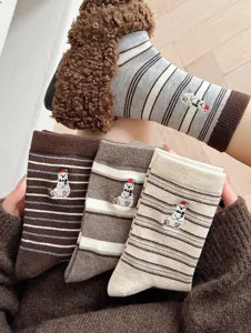 Women's warm mid-tube socks with cute polar bear embroidery and colorful stripes design.