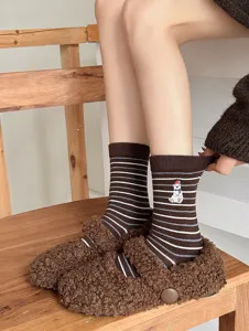 Women winter cute polar bear cashmere socks striped vintage warm mid-tube wool socks detail view