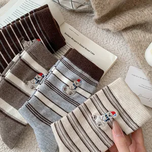 Winter cute polar bear embroidered striped women socks vintage cozy warm casual mid-calf socks