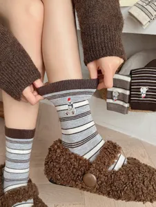 Winter women wool socks with cute polar bear embroidery, vintage striped cozy knit mid tube.