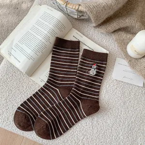 Women winter vintage striped wool socks with cute polar bear embroidery warm mid tube design.