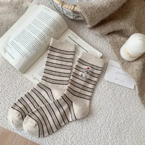 Winter retro polar bear striped wool socks, cozy vintage mid-tube warm cashmere socks women.