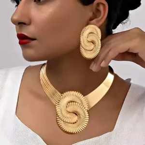 Gold chunky geometric twisted spiral statement choker necklace and earrings set style