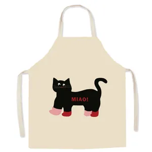 Adult cotton kitchen apron with cute black cat print, oil-proof cooking baking chef tabard.