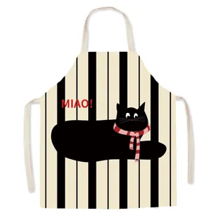 Cute black cat print apron for adults, oil-proof kitchen cooking bib with striped design.