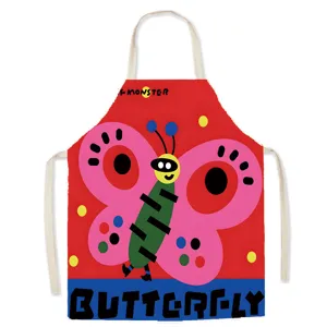 Colorful butterfly print cotton linen apron, sleeveless kitchen baking apron for home housework.