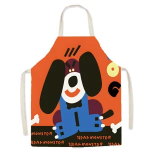 Cotton linen kitchen apron cute cartoon monster print cooking baking sleeveless waist bib for home