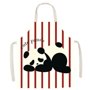 Detailed view of a cute sleeping panda kitchen apron with red and white stripes design.