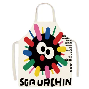 Colorful sea urchin print cotton linen apron, anti-stain sleeveless kitchen cooking bib detail.