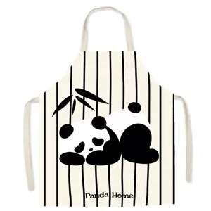 Cute cartoon panda apron for kitchen cooking, stylish vertical stripes, durable oil-proof fabric.