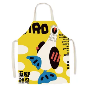 Detailed view of the cute blue-footed booby bird cotton linen apron, perfect for kitchen baking.