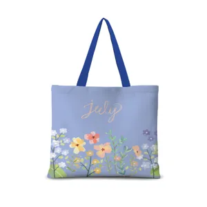 Sac cabas en toile à fleurs avec anses bleues, sac d'épaule décontracté pour étudiants.