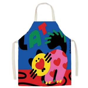 Cotton linen kitchen apron with dopamine cat art pattern, sleeveless neck for cooking.