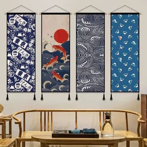 Ensemble de tentures murales en tissu ukiyo-e japonais, tapisseries d'art vintage.