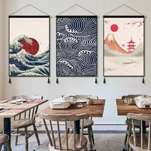 Tenture murale en tissu Ukiyo-e japonais avec wave et montagne pour decoration interieure.