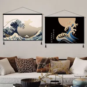 Détail de scène de tapisserie murale ukiyo-e japonaise, art de toile de grande vague.