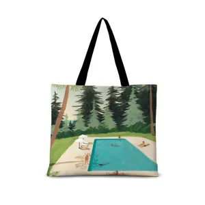 Sac cabas en toile avec illustration de piscine vintage, sac bandoulière élégant.