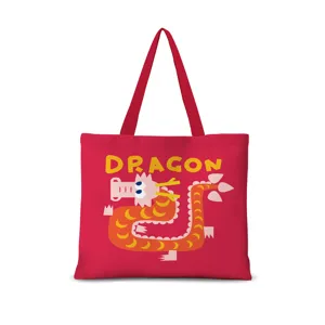 Sac cabas en toile rouge avec illustration de dragon de dessin anime mignon, sac shopping style