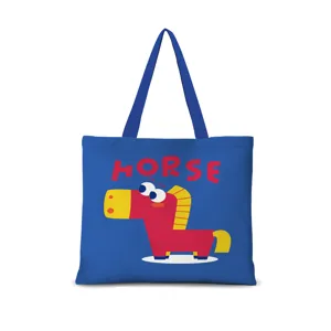 Vue détaillée du sac cabas en toile bleue avec charmante illustration de cheval dessin animé.