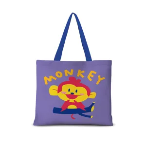 Vue détaillée du sac cabas en toile violette imprimé singe dessin animé mignon avec bretelles.