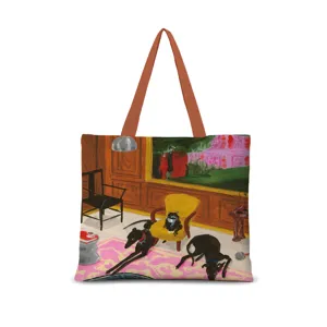 Sac cabas en toile rétro avec illustration artistique, grand sac d'épaule pratique.