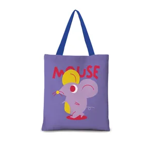 Sac cabas en toile violette avec illustration de souris stylisee et anses bleues tendance