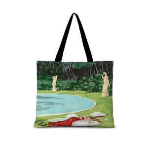 Détail du sac en toile avec illustration artistique vintage et motif de piscine rétro.