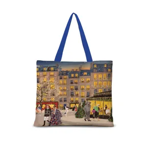 Sac cabas en toile avec illustration rue hiver vintage, élégant grand sac à main.