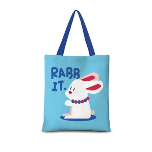 Sac cabas en toile bleue avec motif de lapin mignon, sac à main d'épaule réutilisable pratique.