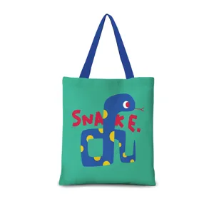 Sac cabas en toile verte avec illustration de dessin animé de serpent et anses bleues.