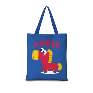 Sac cabas en toile bleue avec joli imprimé graphique de cheval de dessin animé, durable.